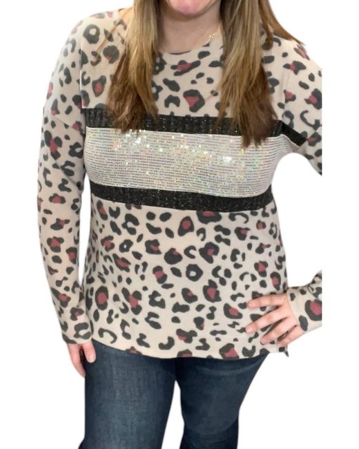 Honeyme Gray Leopard With Sequin Sweater