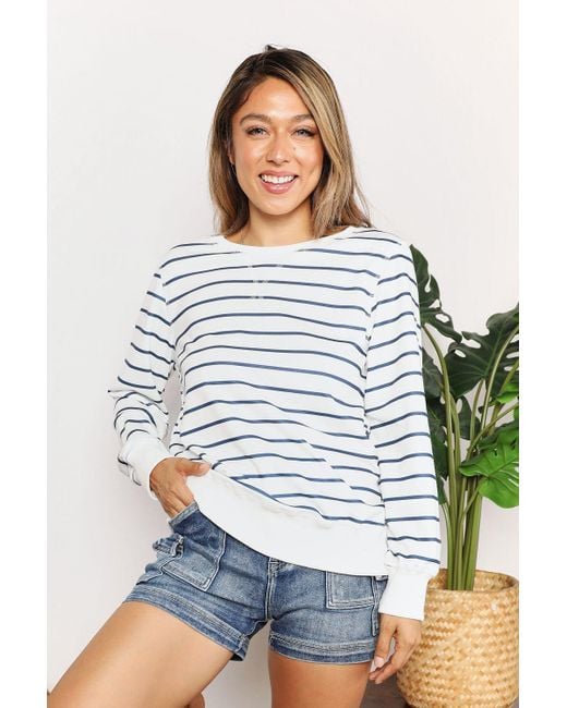 TRUEDAMES White Striped Long Sleeve Round Neck Top