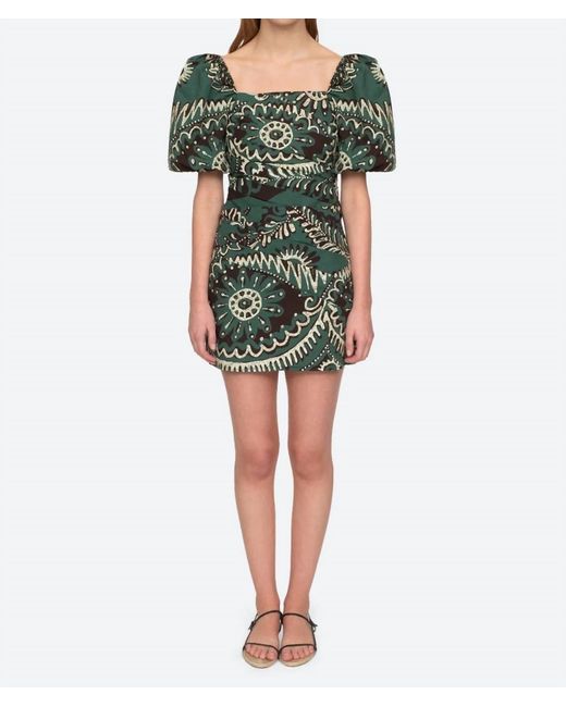 Sea Green Print Puff Sleeve Draped Dress