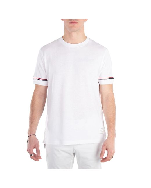 Thom Browne White Lightweight Striped Cuff Cotton T-Shirt for men