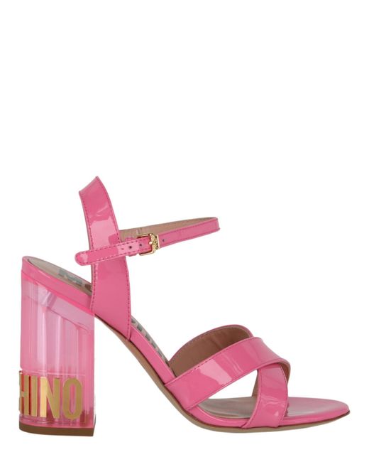Moschino Pink Patent Leather Logo Heel Sandals
