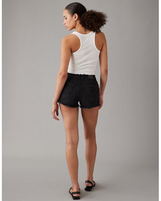American Eagle Outfitters Ae Next Level Curvy High Waisted Ripped Denim Short Short in Black Lyst