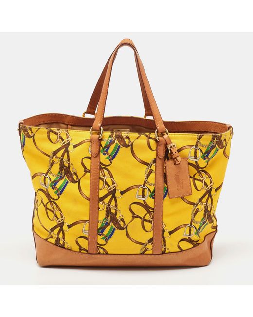 Ralph Lauren Yellow Color Equestrian Canvas And Leather Shopper Tote