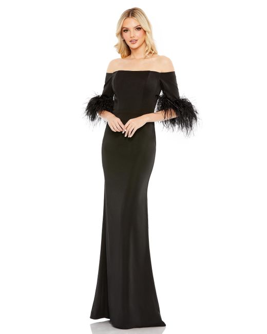 Mac Duggal Black Feather Trim Off The Shoulder Column Gown
