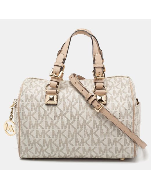 MICHAEL Michael Kors Natural Signature Coated Canvas And Leather Grayson Boston Bag