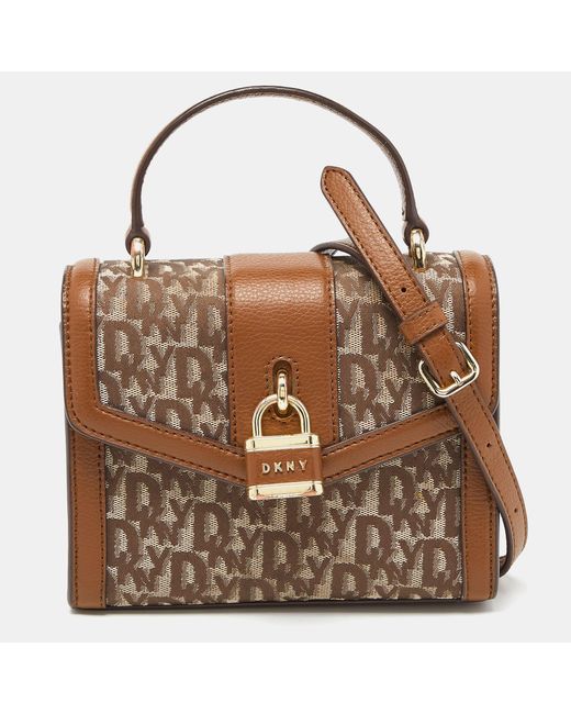 DKNY /brown Signature Canvas And Leather Padlock Charm Top Handle Bag