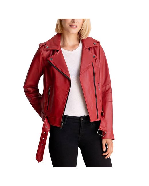 Michael Kors Red Moto Belted Zip Up Leather Jacket