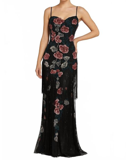 Mac Duggal Black Floral Embroidered Fringe Gown