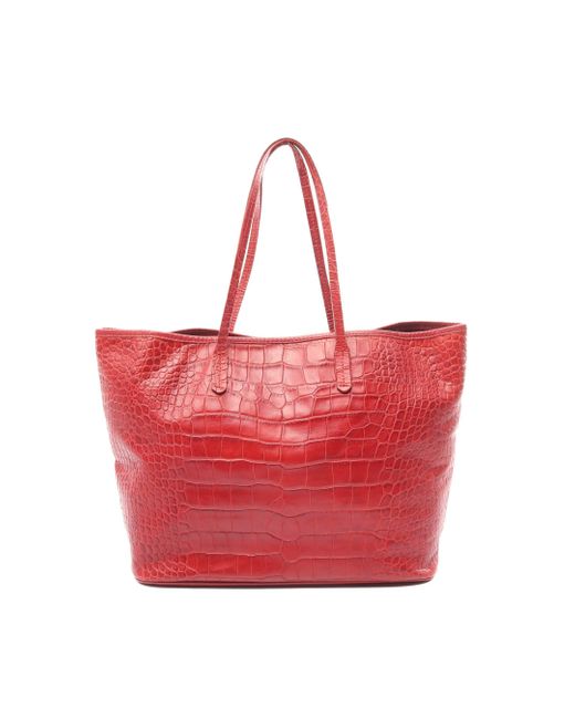 Furla Red Handbag Tote Bag Leather Croc Embossed