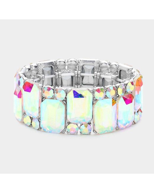 Fashnzfab Metallic Rectangle Round Glass Stone Cluster Stretch Evening Bracelet