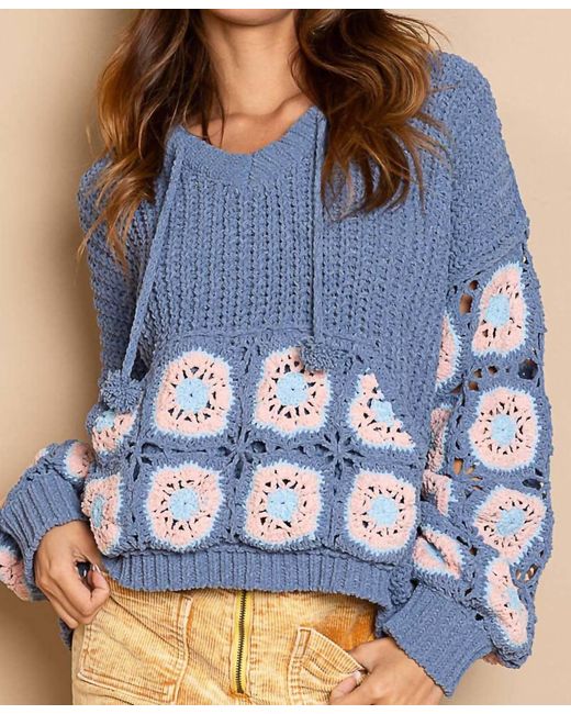 Pol Blue Cornflower Crochet Square Patch Hooded Pullover Sweater