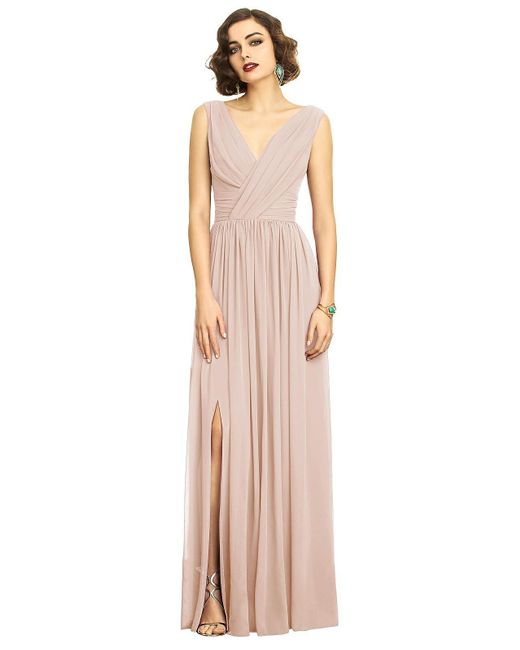 Dessy Collection Natural Sleeveless Draped Chiffon Maxi Dress With Front Slit