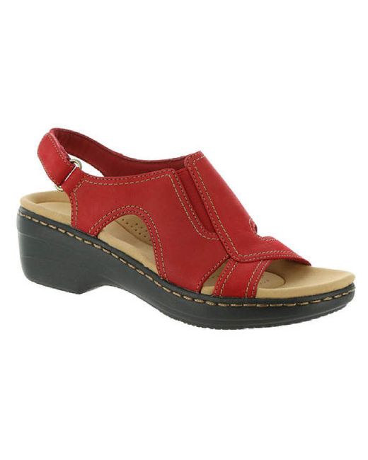 Clarks Red Merliah Style Leather Velcro Strap Flat Sandals