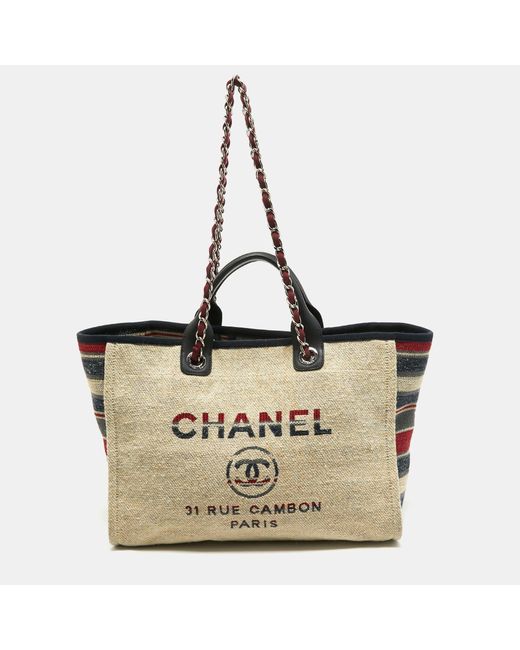 Chanel Metallic Color Stripe Canvas And Leather Large Deauville Shopper Tote