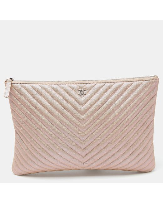 Chanel Natural Pearl Beige Chevron Caviar Leather Large O-case Zip Pouch