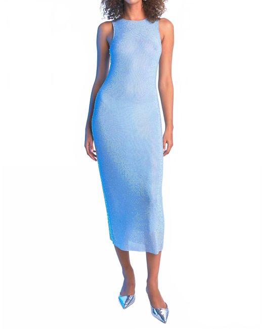2.7 August Apparel Blue Rhinestone Mesh Midi Dress