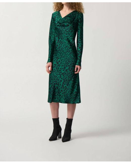 Joseph Ribkoff Green Animal Print Cowl Neck Midi Dress