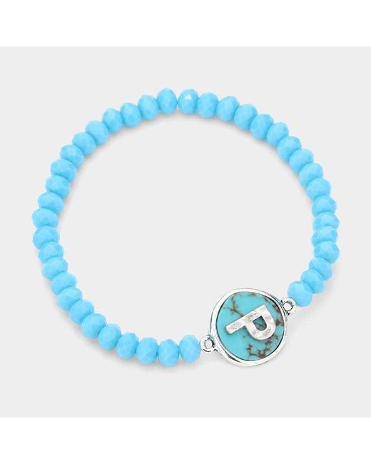 Fashnzfab Blue P- Initial Monogram Charm Faceted Beaded Stretch Bracelet