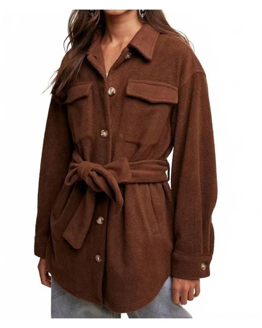 Listicle Brown Soft Teddy Shacket With Tie