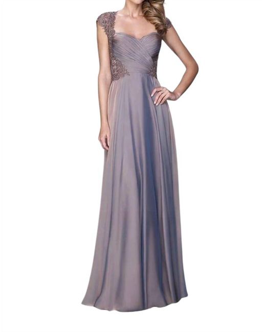La Femme Purple Lace Ornate Ruched Gown