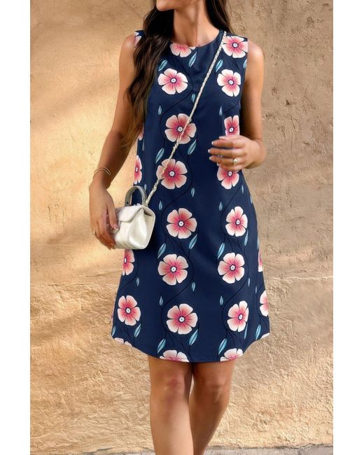 TRUEDAMES Blue Round Neck Floral Print Sleeveless Loose Dress