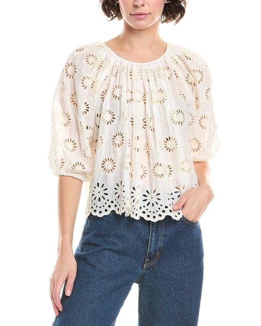 Madewell White Embroidered Shirred Puff Sleeve Top