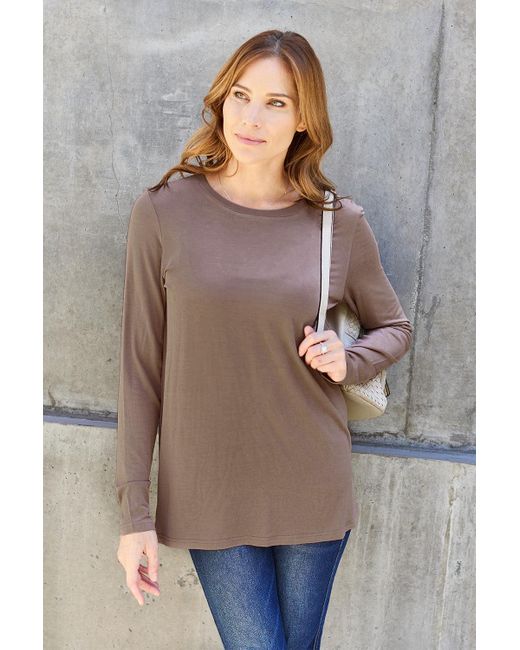 TRUEDAMES Gray Full Size Round Neck Long Sleeve Top