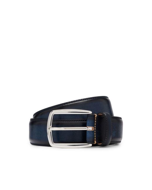 Boss Blue Italian-leather Belt With Silver-tone Pin Buckle for men