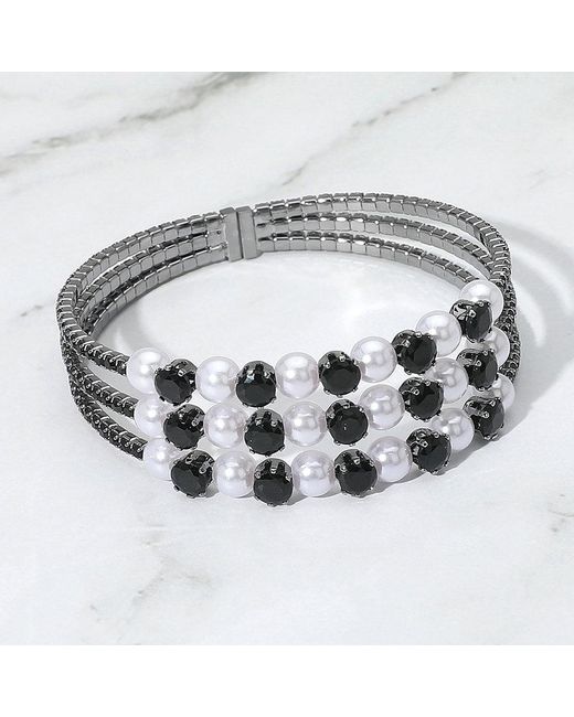 Fashnzfab Metallic Pearl Stone Bezel Point Rhinestone Paved Split Adjustable Evening Bracelet Jet