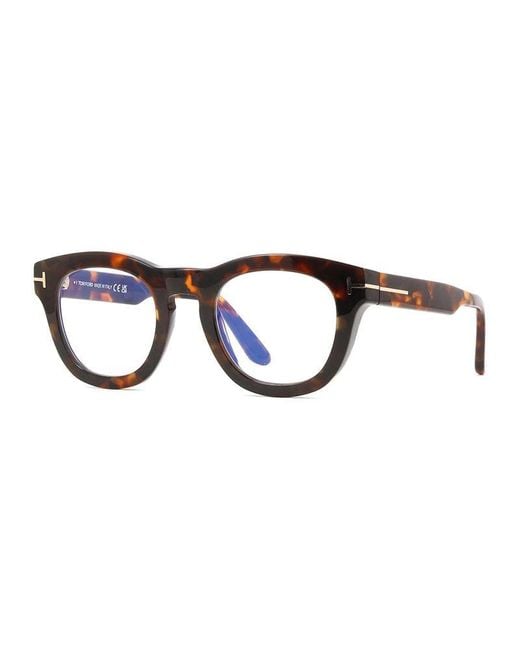 Tom Ford Brown Eyeglasses Round Full Rim, Dark Havana Frame And Clear Light Block Lens Ft5873-B052 for men