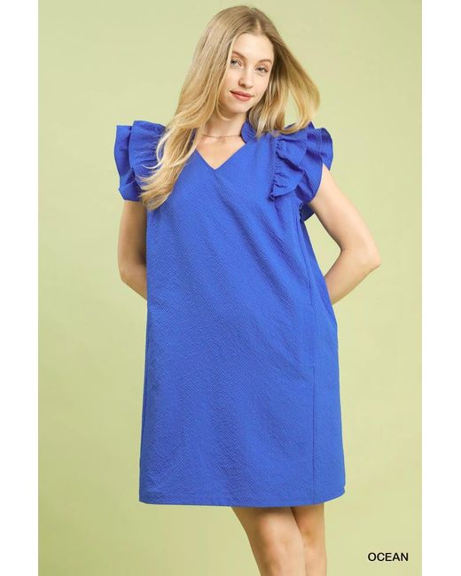 TRUEDAMES Women's Blue Seersucker Ruffle Shift Dress TRUEDAMES Women's Blue Seersucker Ruffle Shift Dress