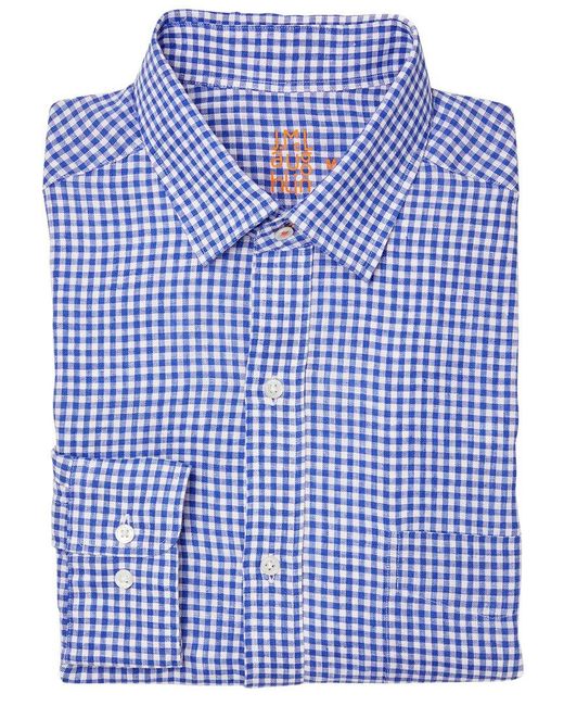 J.McLaughlin Blue Mini Gingham Gramercy Linen Shirt for men