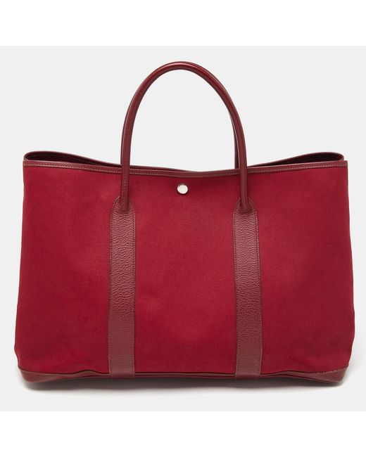 Hermès Red Rouge Imperial/tosca Toile H Canvas And Buffalo Leather Garden Party Large Bag