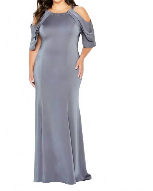 Montage by Mon Cheri Blue Cold Shoulder With Tiered Sleeves Gown
