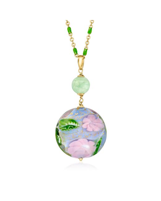 Ross-Simons Metallic Italian Multicolored Murano Glass Floral Pendant Necklace With Quartz Bead