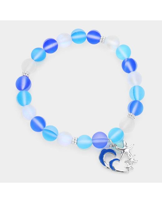 Fashnzfab Blue Enamel Starfish Charm Stretch Beaded Bracelet