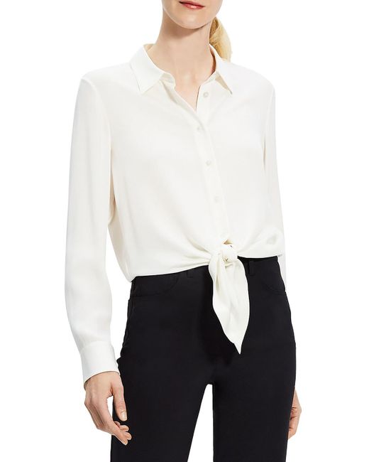 Theory White Silk Tie Front Button-down Top