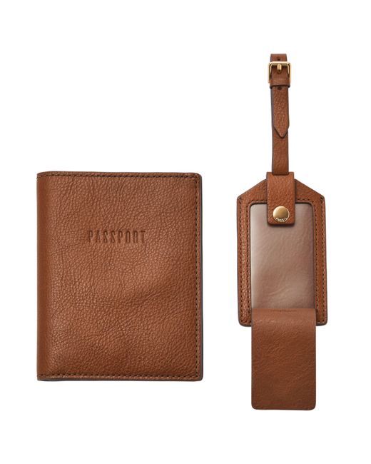 Fossil Brown Litehide Leather Passport Case And luggage Tag Gift Set