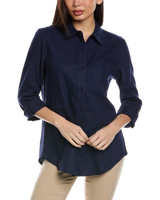 Jones New York Blue Roll Tab Linen-blend Shirt