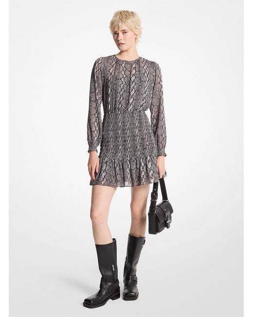 Michael Kors Women's Gray Snake Print Georgette Smocked Dress