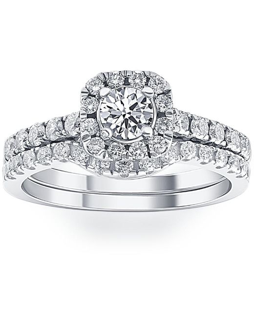 Pompeii3 Metallic 3/4ct Cushion Halo Diamond Engagement Wedding Ring Set White Gold Lab Grown