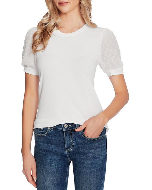 Cece White Puff Sleeve Mixed Media Top