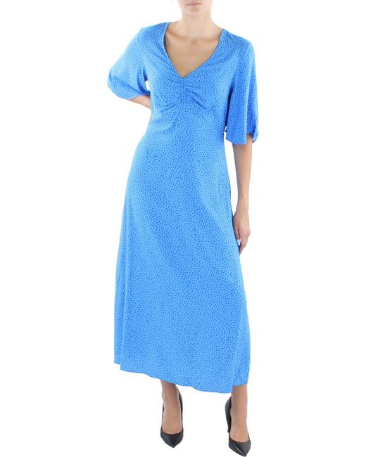 Mango Blue Ruched V-neck Midi Dress