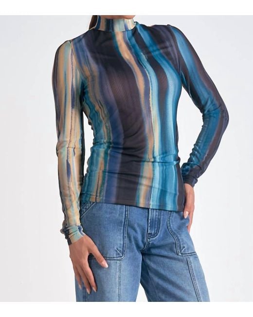 Elan Blue Watercolor Long Sleeve Mockneck Top