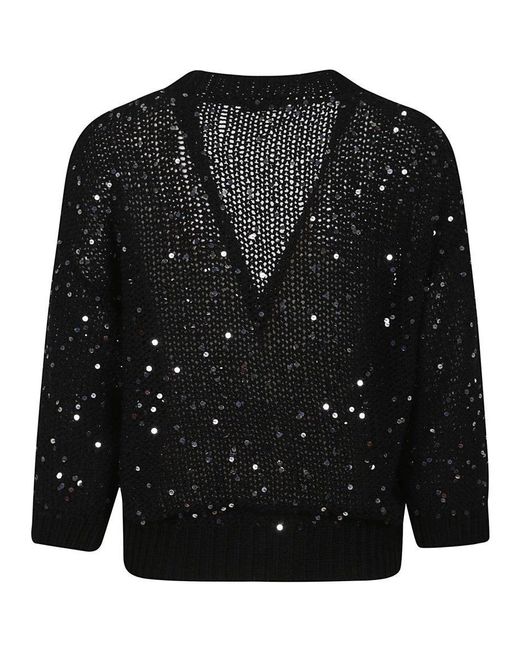 Peserico Black Deep V-Neck Cardigan With Sequined Embellishments