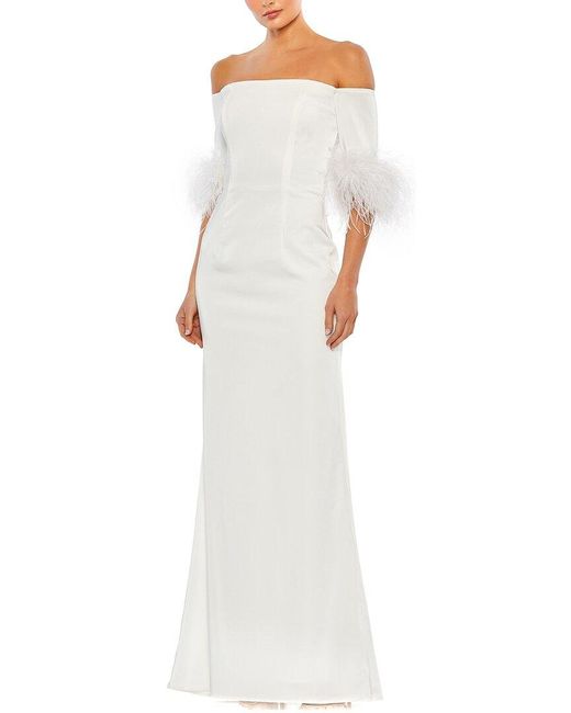 Mac Duggal White Feather Trim Off The Shoulder Column Gown