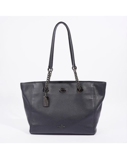 COACH Blue Turnlock Chain Tote 27 Navy Grained Leather