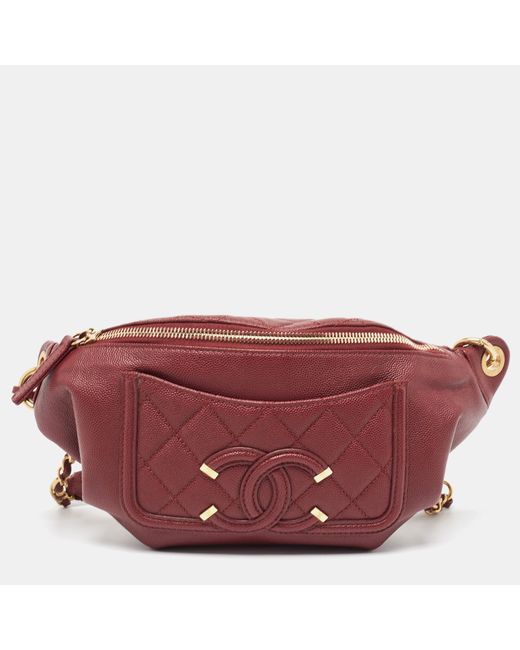 Chanel Red Quilted Caviar Leather Filigree Belt Bag