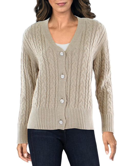 Anne Klein White Embellished Cable Knit Cardigan Sweater