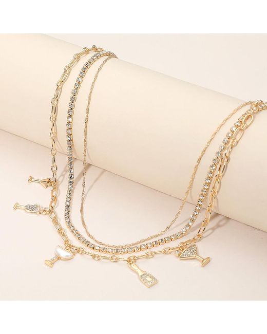 Fashnzfab Women's Natural Rhinestone Pearl Embellished Drink-Themed Charm Station Layered Chain Necklace